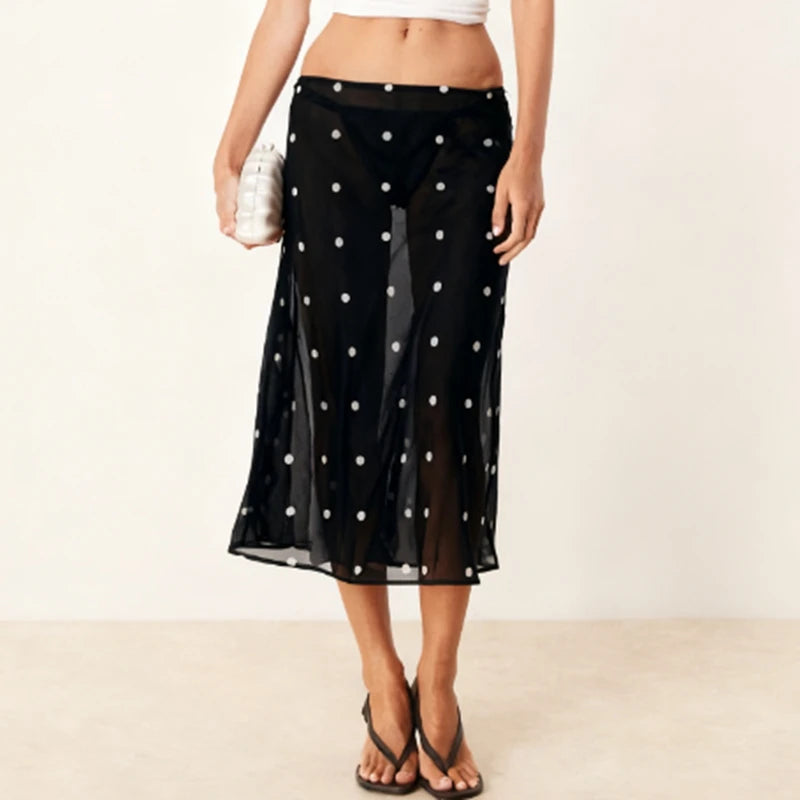 VacationGrabs Women Polka Dot Sheer Midi Skirt Sexy See Through Low Rise Long Skirt Flowy Mesh Cover Up Maxi Skirts Beachwear