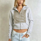 VacationGrabs Women Cropped Zip Up Hoodie Metallic Braided Embroidery Long Sleeve Ribbed Hem Y2K Streetwear Short Hooded Sweatshirt