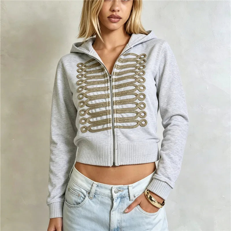 VacationGrabs Women Cropped Zip Up Hoodie Metallic Braided Embroidery Long Sleeve Ribbed Hem Y2K Streetwear Short Hooded Sweatshirt