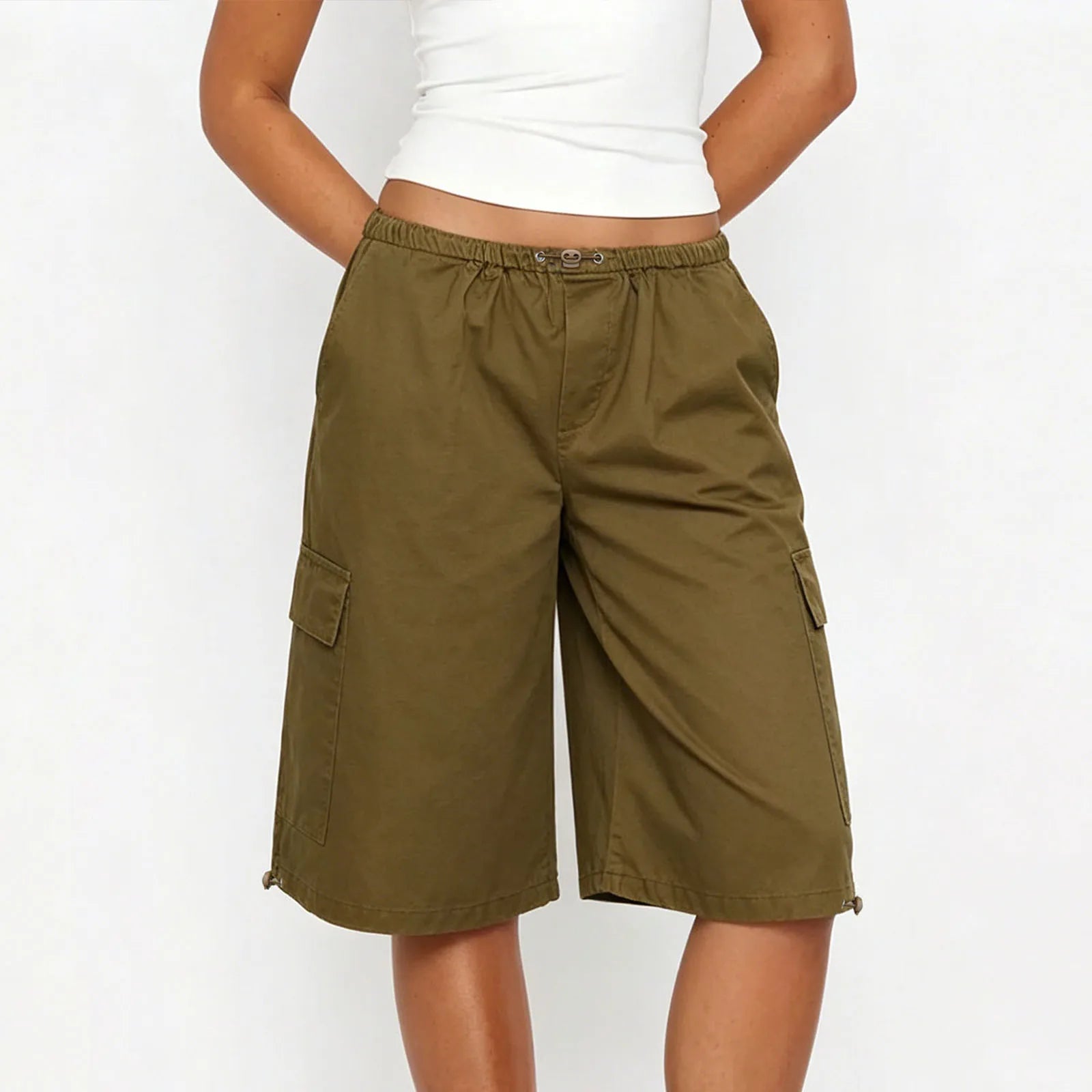 VacationGrabs Women's Knee Length Cargo Shorts Elastic Drawstring Waist Loose Fit Bermuda Capris with Pockets Casual Streetwear Summer