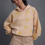VacationGrabs American Casual Oversized Star Patch Hoodie Women Vintage Loose Drop Shoulder Kangaroo Pocket Everyday Street Sweatshirt