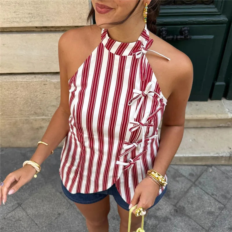 VacationGrabs Women's Oriental Striped Halter Neck Top Chinese Knot Button Side Asymmetric Hem Backless Summer Casual Blouse