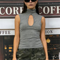 VacationGrabs Keyhole Cutout Tops for Women Y2K Mandarin Collar Shirt Sexy Fitted Hollow Out Tank Summer Fashion Going Out Tops