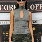 VacationGrabs Keyhole Cutout Tops for Women Y2K Mandarin Collar Shirt Sexy Fitted Hollow Out Tank Summer Fashion Going Out Tops