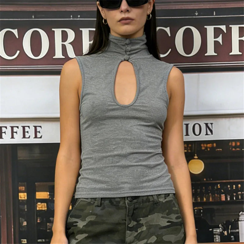 VacationGrabs Keyhole Cutout Tops for Women Y2K Mandarin Collar Shirt Sexy Fitted Hollow Out Tank Summer Fashion Going Out Tops
