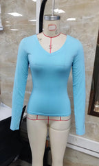 VacationGrabs Women Solid Color V Neck Long Sleeve Top Soft Modal Stretchy Slim Fitted Basic Tee Casual Daily Streetwear Blouse
