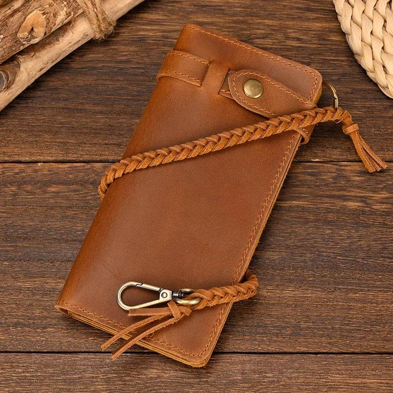Fashionable Leather Long Wallet with Braided Strap and Coin Inner Zipper - VacationGrabs