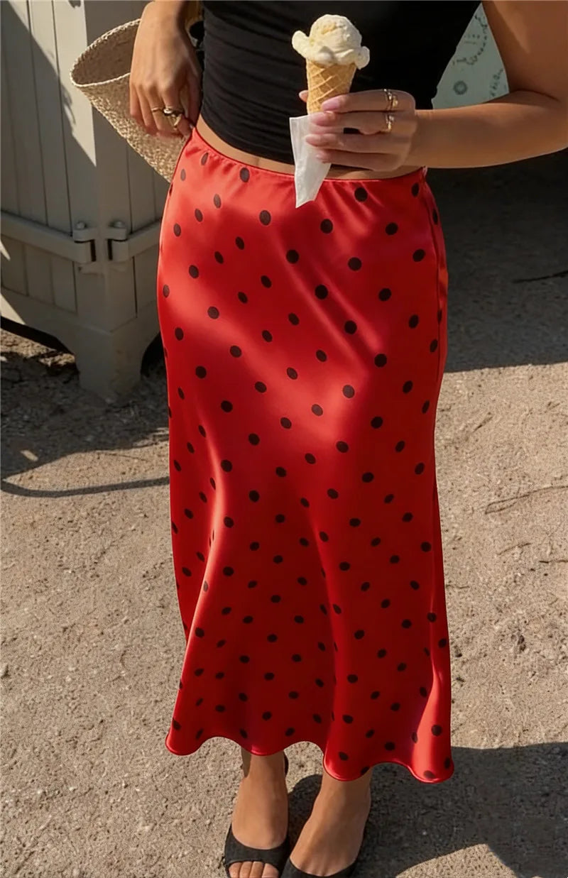 VacationGrabs French Vintage Polka Dot Satin Skirt High Waist Silky Midi Skirt Elegant Retro Print For Women Summer Y2K Streetwear