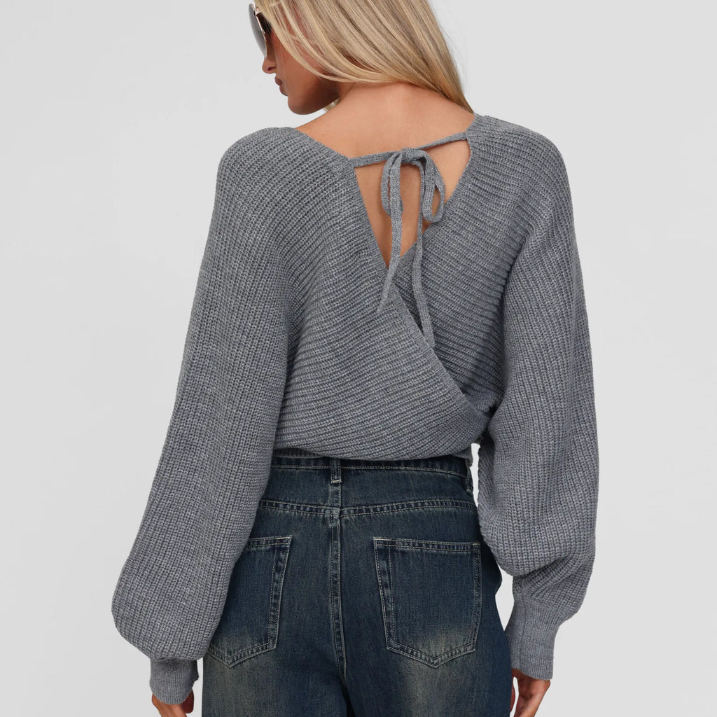 VacationGrabs Women's Wrap V Neck Sweaters Tops Street Long Sleeve Tie-up Back Solid Color Knit Tops Pullovers Winter Fall Knitwear