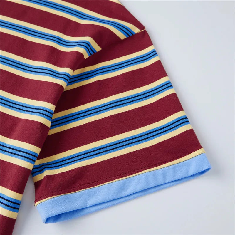 VacationGrabs Striped Two Piece Outfit Women Contrast Trim Oversized Short Sleeve Tee And Elastic Waist Shorts Casual Loungewear Set