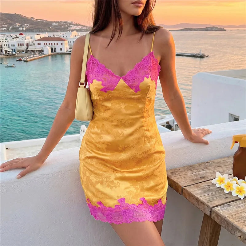 Coquette Contrast Lace Satin Jacquard Cami Mini Dress Deep V Slim Bodycon Micro Slip Dress Women Summer Beach Club Party Dress