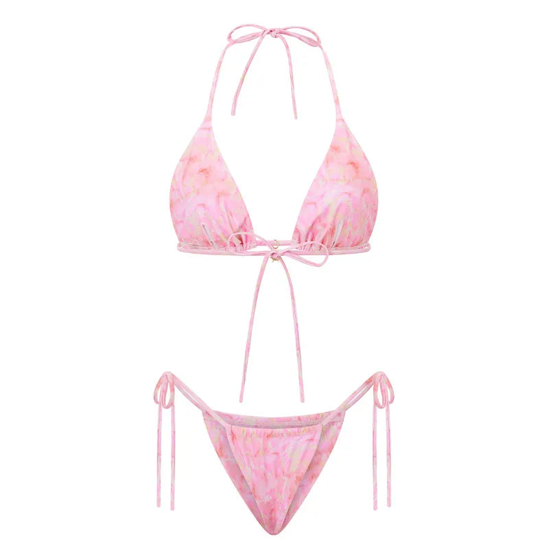 VacationGrabs Women 2 Pieces Bikini Swimsuit Spaghetti Strap Top Tie Side Triangle G-Thong Bathing Suit Beach Holiday Swimwear