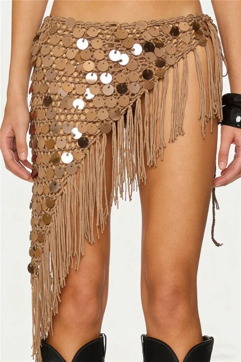 VacationGrabs Women Boho Handmade Crochet Sequin Fringe Wrap Skirt Asymmetrical Tassel Beach Cover Up Summer Festival Streetwear