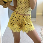 VacationGrabs Coquette Polka Dot Satin Lounge Shorts Women Eyelash Lace Hem Drawstring High Waist Loose Cute Halloween Pajama Bottoms