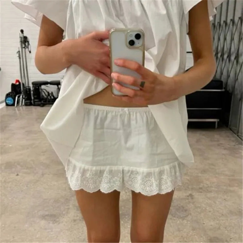 VacationGrabs Women Y2k Lace Trim Mini Skirt Floral Eyelet Embroidery Half Slip Underskirts Cute Low Rise Summer Skater Skirt