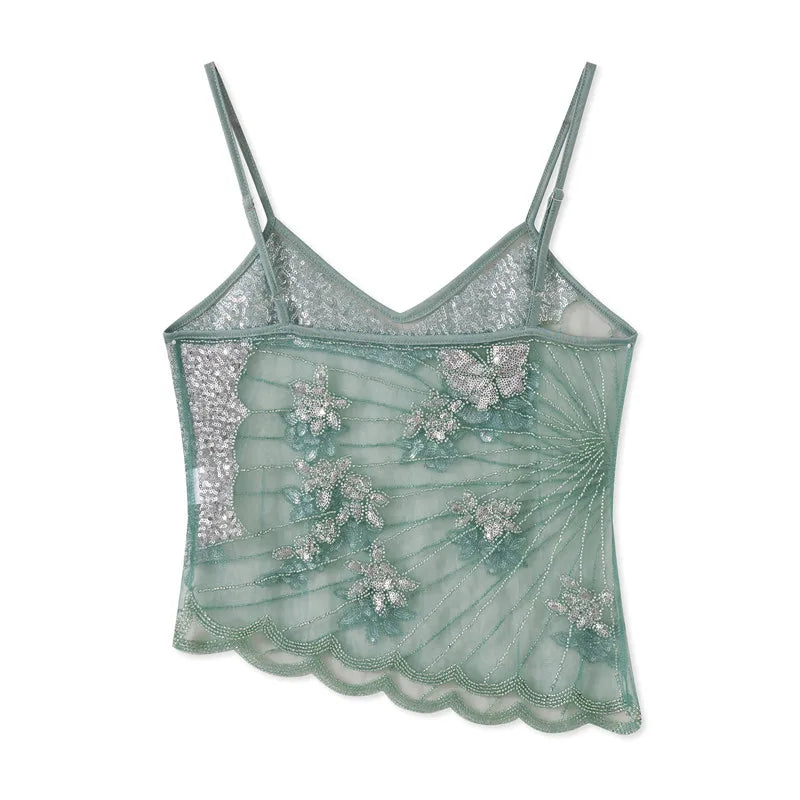 VacationGrabs Sexy Sequin Slim Fit Irregular Strap Tank Crop Tops Versatile Sexy Hot Girl Summer Mesh See Through Sleeveless Tee Shirt