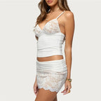 VacationGrabs Y2K Vintage Matching 2 Piece Set Floral Lace Sling Cami Top Low Waist Scalloped Lace Mini Skirt Women Party Club Outfit