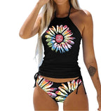 Women's Bathing Suit Drawstring Side Halter Neck Tankini - VacationGrabs