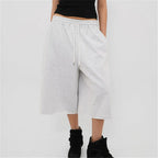 VacationGrabs Ladies Raw Edge Bermuda Sweat Pants Elastic Drawstring Waist Loose Wide Leg Casual Knee Length Capri Jogger Trousers