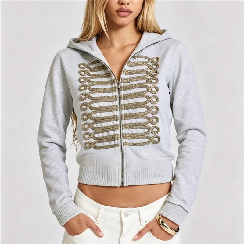 VacationGrabs Women Cropped Zip Up Hoodie Metallic Braided Embroidery Long Sleeve Ribbed Hem Y2K Streetwear Short Hooded Sweatshirt