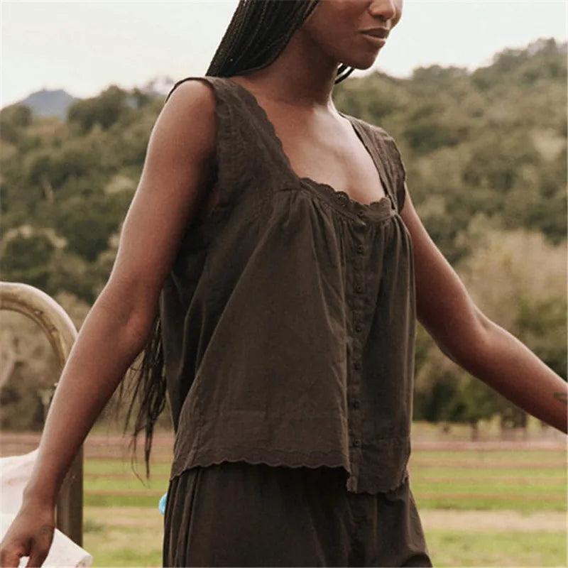 Women Summer Flowy Tank Top with Lace Trim Button Down Chiffon Cami Shirt Boho Tie Front Ruffle Tank Tops Boho Streetwear