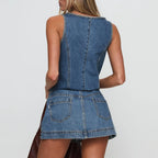 Fashion Women’s Two Piece Denim Skirts Outfits Casual Sleeveless Tie-up Front Tops and Mini Skirt Matching Set Y2K Streetwear