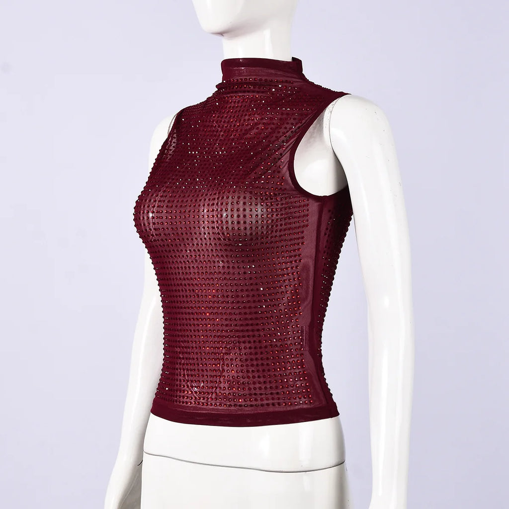VacationGrabs Women Sequin Mesh Tank Tops Turtle Neck Sleeveless Rhinestone Decor Slim Fit Summer Vest Shirts Sparkly Party Clubwear