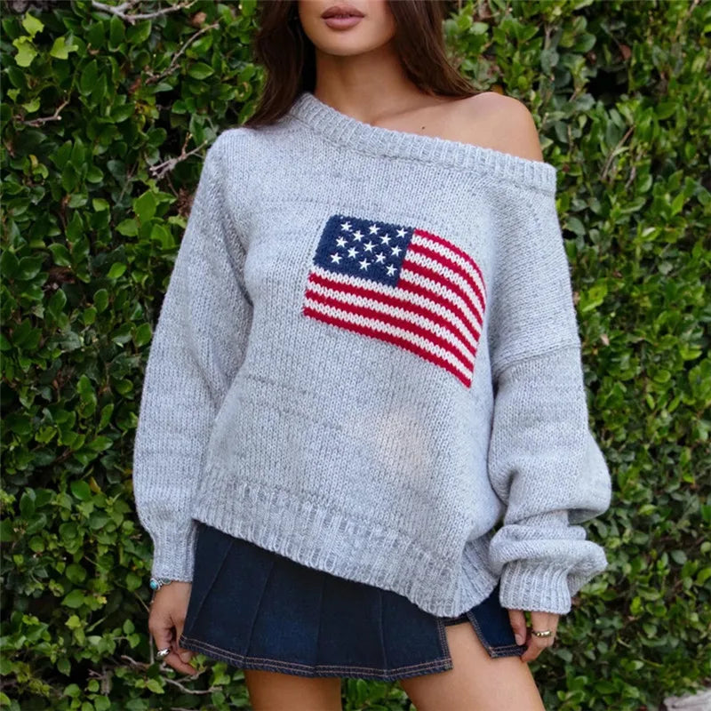 VacationGrabs Off Shoulder American Flag Knit Sweater for Women Long Sleeve Oversized Fit Casual Streetwear Pullover for Fall Winter