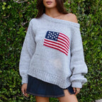 VacationGrabs Off Shoulder American Flag Knit Sweater for Women Long Sleeve Oversized Fit Casual Streetwear Pullover for Fall Winter