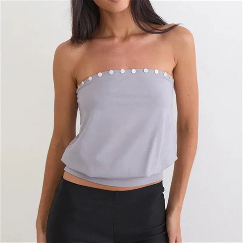 VacationGrabs Y2K Button Trim Strapless Tube Top Women Elastic Waist Hem Bandeau Sleeveless Off Shoulder Cropped Blouse Streetwear