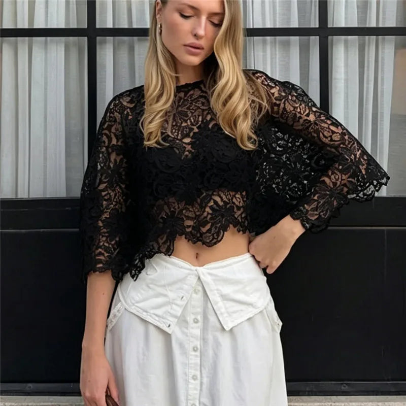 Boho Romantic Hollow Lace Cape Short Top Floral Cutout Batwing Sleeve Cropped Cover Up For Summer Picnic Resort Daily Outfit
