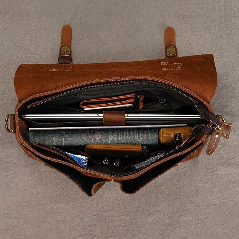 Cowhide Leather Briefcase – A4 Document & Laptop Shoulder Bag - VacationGrabs