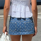 Women Summer Mini Jean Skirts Casual Polka Dots Print Denim A Line Skirt for Beach Vacation Y2K Vintgae Streetwear