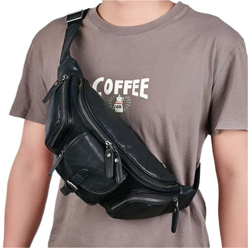 Big Size Leather Chest Bag Waist Pouch Real Cowhide Crossbody - VacationGrabs