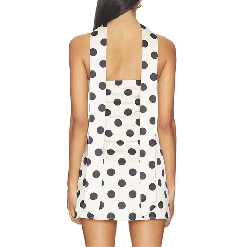 Women's Polka Dot Satin Tube Top Mini Dress Fashion Strapless Backless Bodycon Dress with Matching Neck Scarf Party Clubwear