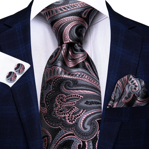 Men's elegant black and pink paisley tie, perfect for formal events, how to tie men's tie