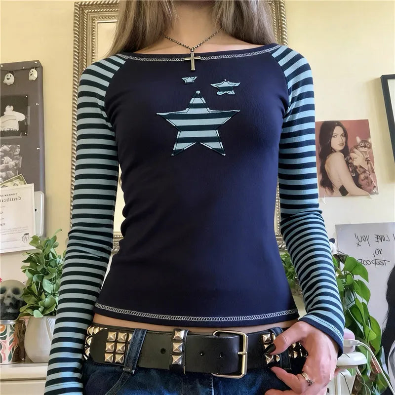 VacationGrabs Vintage Star Raglan Crop Top Ladies Boat Neck Striped Long Sleeve Slim Ribbed Tee Y2K Grunge Street Fashion Short Top