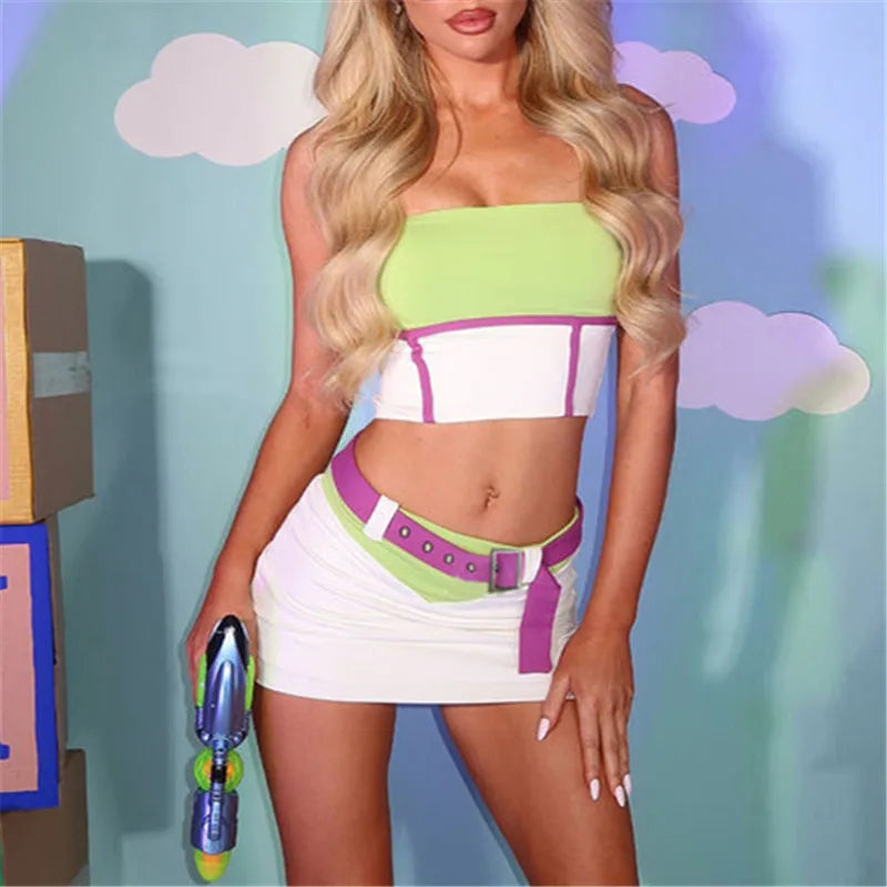 VacationGrabs Halloween Women Color Block Strapless Tube Top Ruched Mini Bodycon Skirt Set With Belt Y2K Cartoon Cosplay Costume