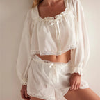 2Pcs Pajamas Sets for Women Puff Long Sleeve Square Neck Lace Patchwork Tops with Elastic Waist Shorts Loungewear