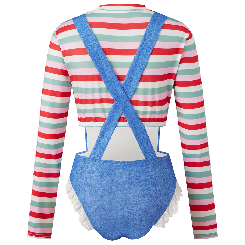 VacationGrabs Women Farm Girl Cosplay Costume Striped Long Sleeve Crop Top Denim Look Lace Ruffle Bodysuit Halloween Party Club Outfit