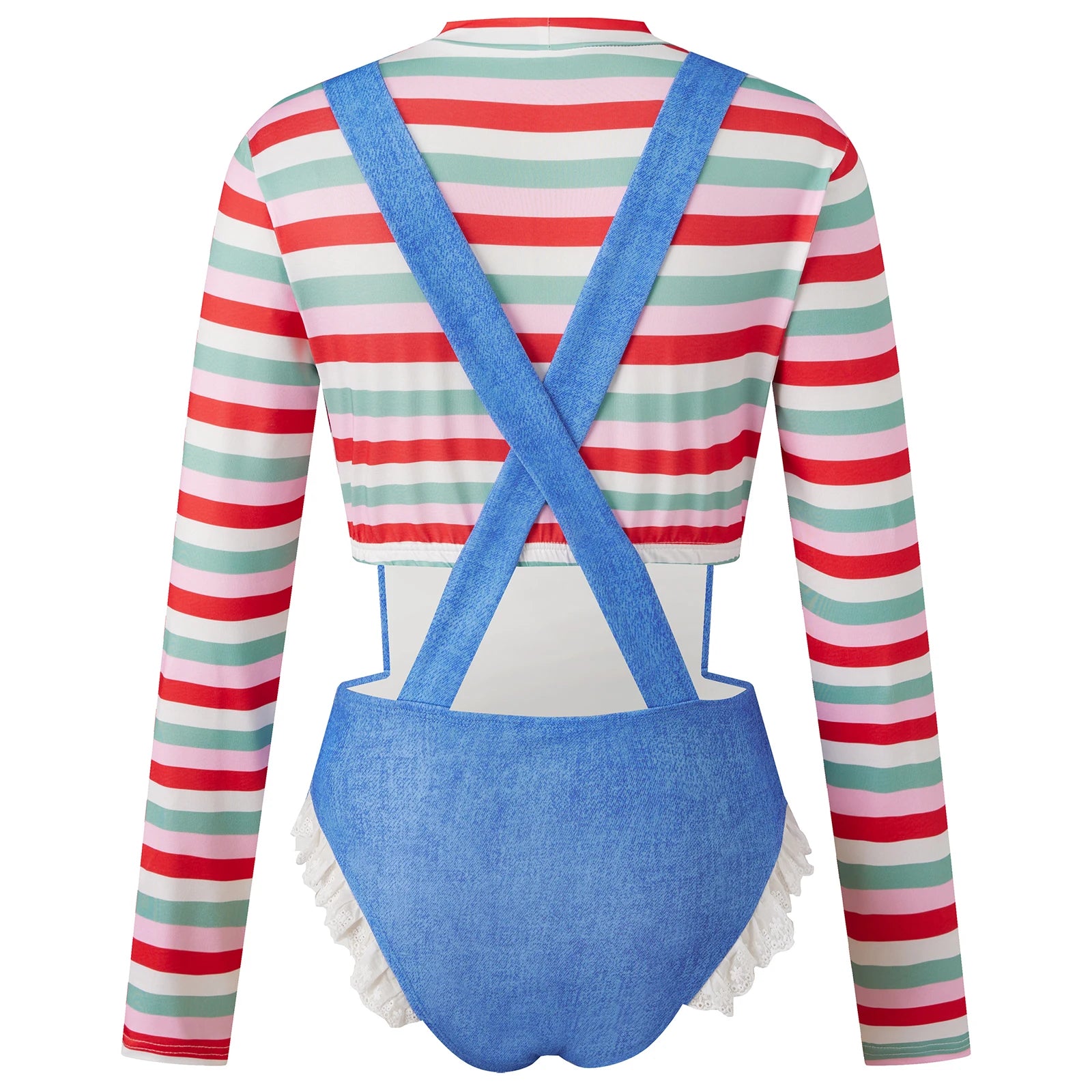 VacationGrabs Women Farm Girl Cosplay Costume Striped Long Sleeve Crop Top Denim Look Lace Ruffle Bodysuit Halloween Party Club Outfit