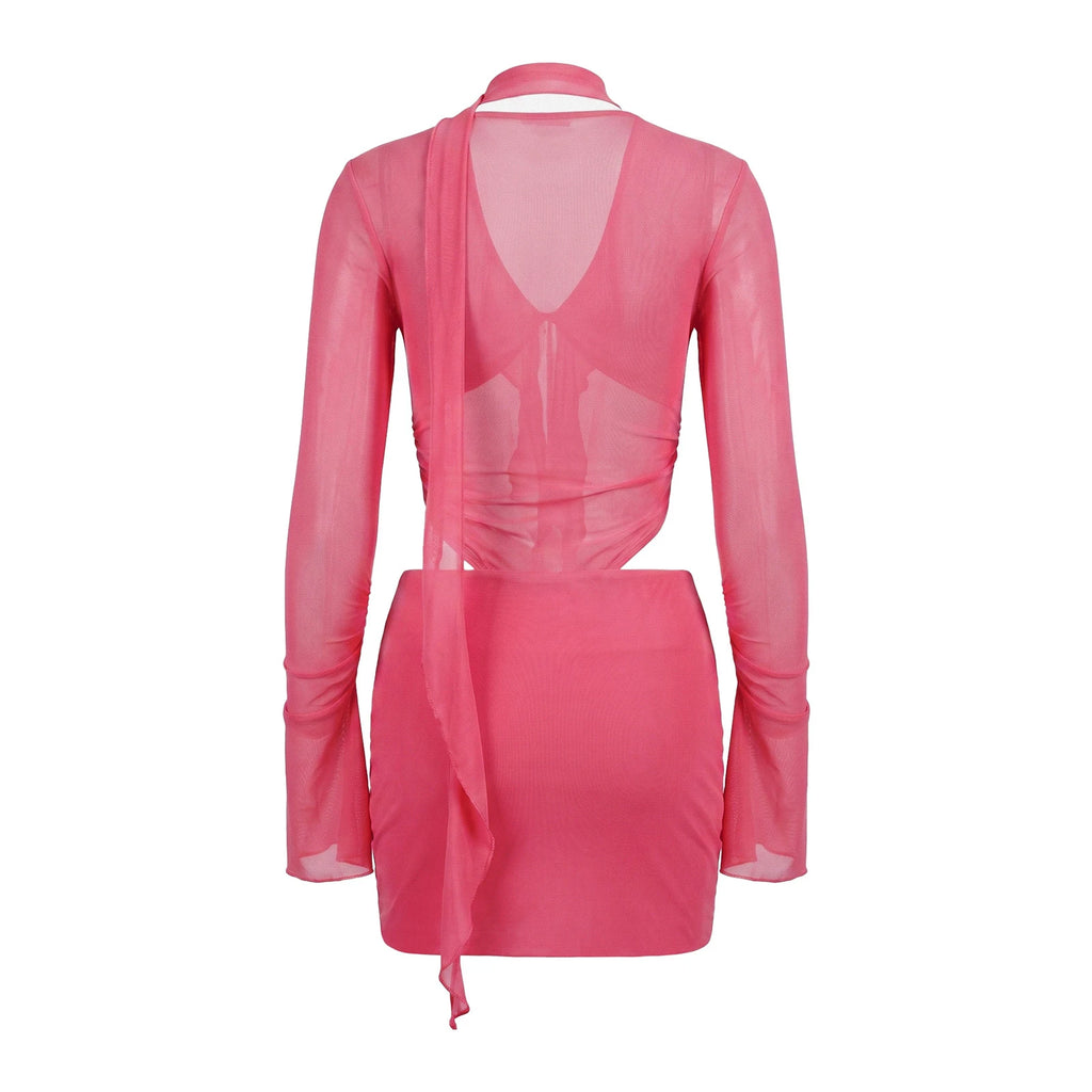 VacationGrabs Women Y2K Sheer Mesh Bodycon Mini Dress Ruffle Detail Flare Long Sleeve Deep V Choker Cutout Slim Party Nightclub Dress