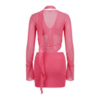 VacationGrabs Women Y2K Sheer Mesh Bodycon Mini Dress Ruffle Detail Flare Long Sleeve Deep V Choker Cutout Slim Party Nightclub Dress