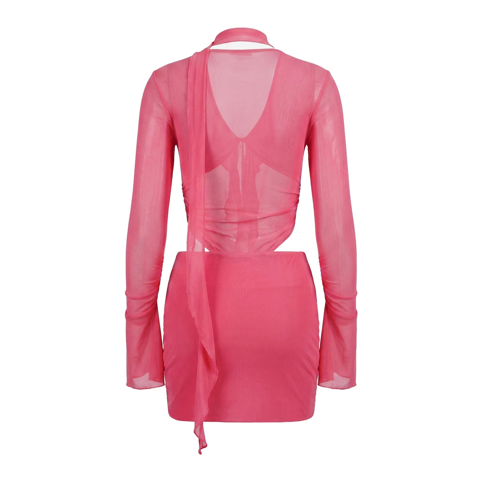 VacationGrabs Women Y2K Sheer Mesh Bodycon Mini Dress Ruffle Detail Flare Long Sleeve Deep V Choker Cutout Slim Party Nightclub Dress