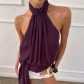 VacationGrabs Elegant Plum Purple Halter Top Women Open Back Sleeveless Blouse Tie Waist Flowy Top For Office Commute And Casual Wear