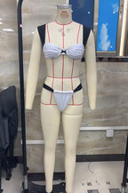 VacationGrabs Women's Two Piece Outfits Beachwear White Bikini Set with Black Straps and Decorative Center Bow 2Pcs Swimwear