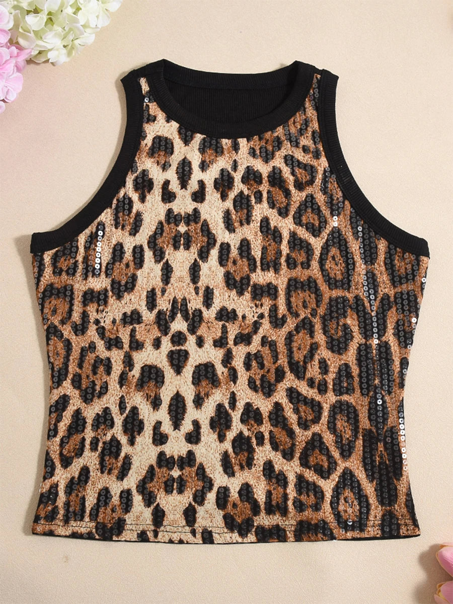 VacationGrabs Women's Summer Slim Fit Vest Crop Tops Sleeveless Round Neck Sequins/Leopard Print Cami Tank Tops Y2K Party Clubwear