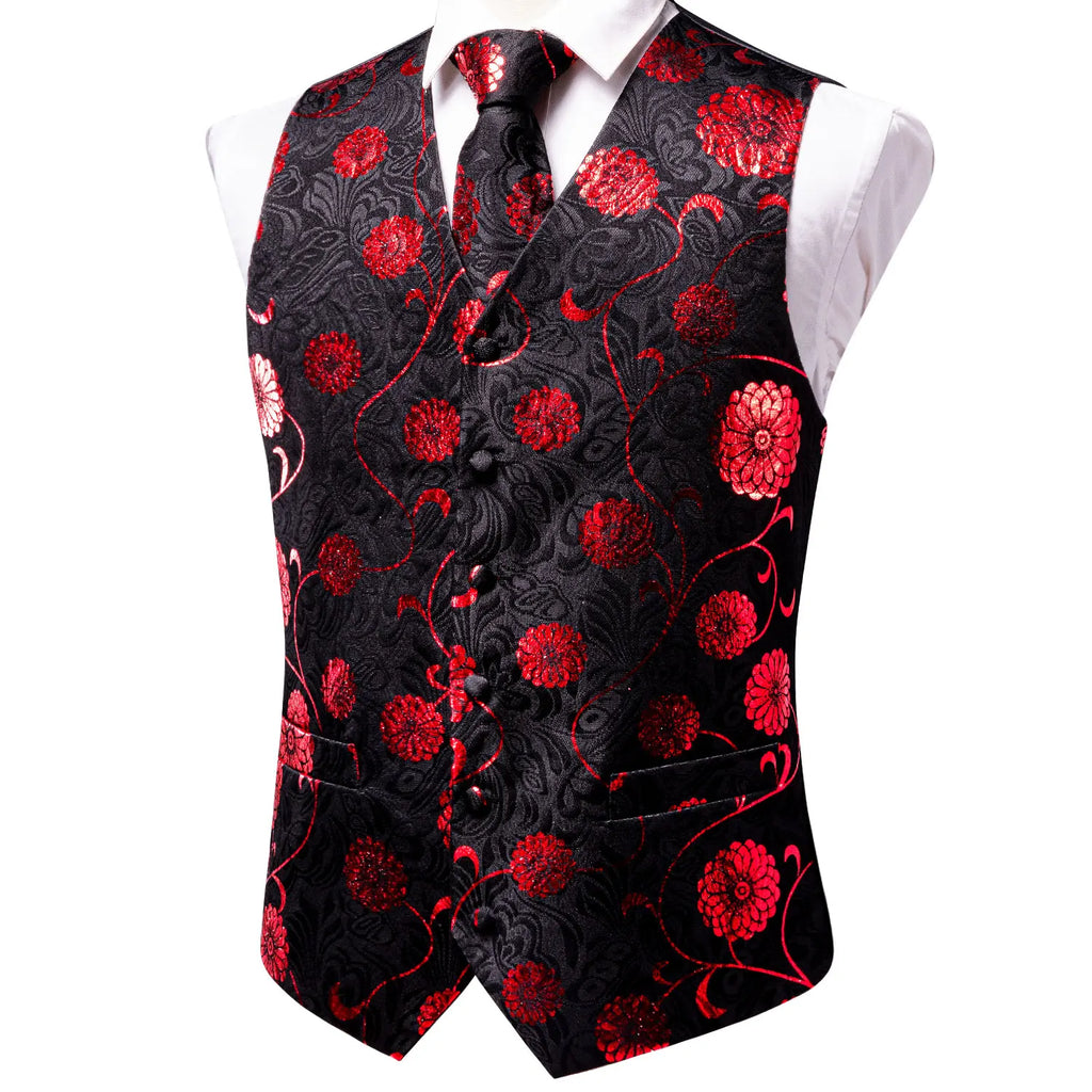 Men's red floral-patterned necktie how to tie with matching vest