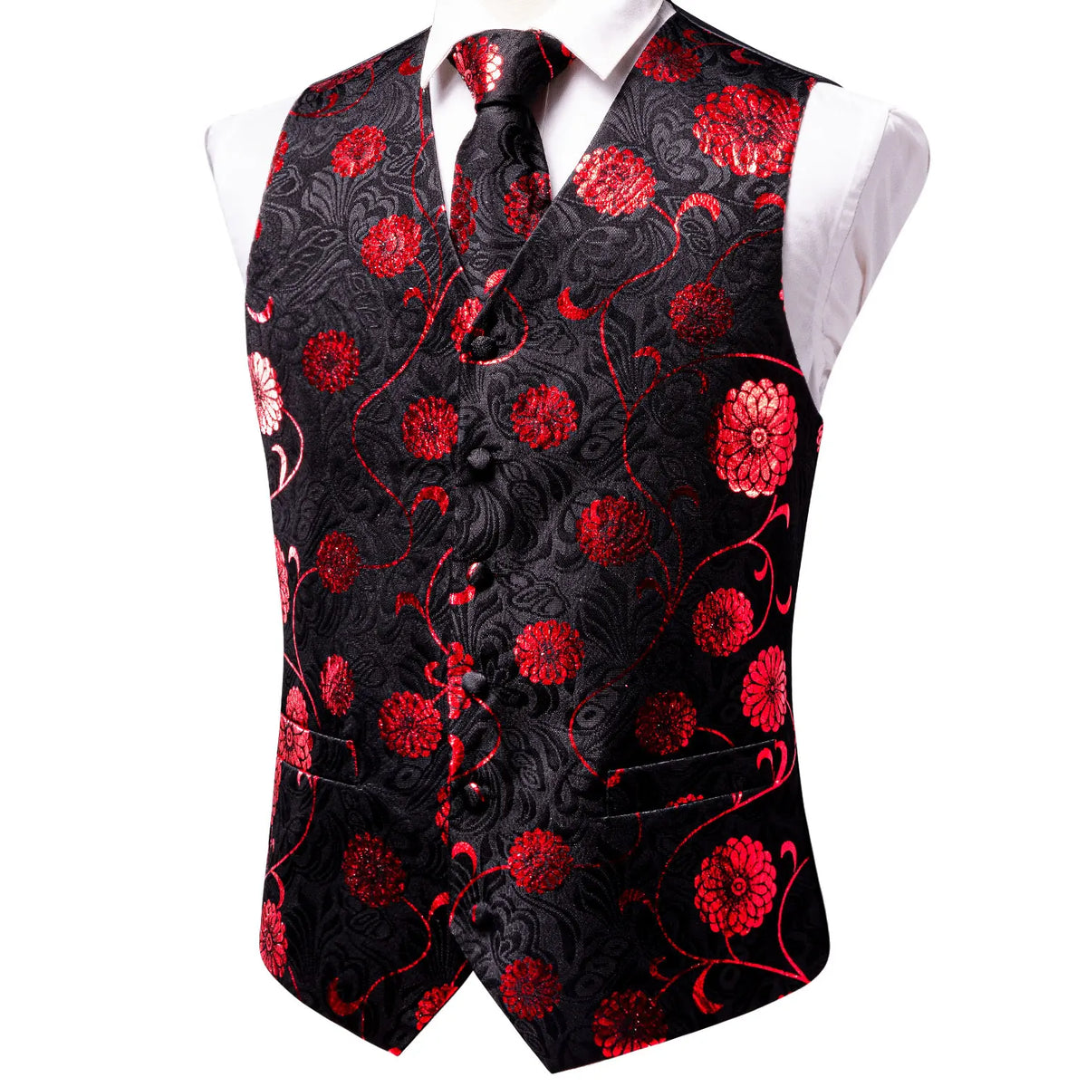 Men's red floral-patterned necktie how to tie with matching vest
