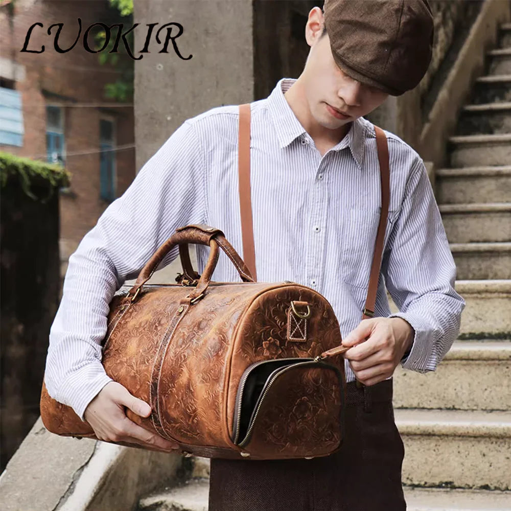 LUOKIR Vintage Embossed Leather Tote Bag Large Capacity Genuine Leather Short-Term Travel Bag for Clothing and Luggage Gym Bag